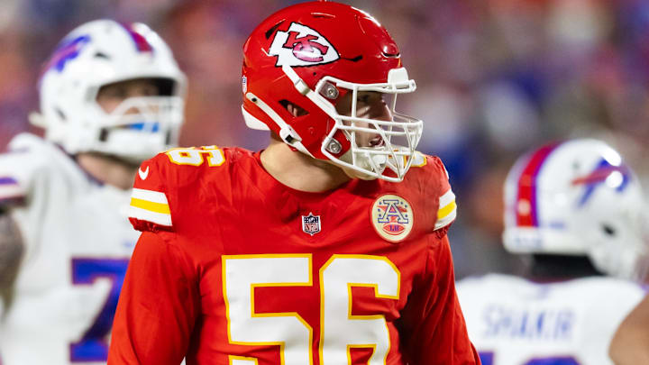Jan 26, 2025; Kansas City, MO, USA; Kansas City Chiefs defensive end George Karlaftis (56) against the Buffalo Bills in the AFC Championship game at GEHA Field at Arrowhead Stadium. Mandatory Credit: Mark J. Rebilas-Imagn Images