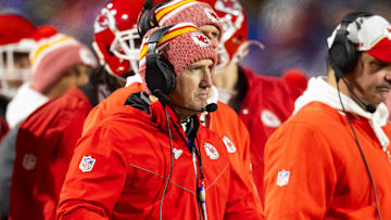 Jan 21, 2024; Orchard Park, New York, USA; Kansas City Chiefs defensive coordinator Steve Spagnuolo during the first half for the 2024 AFC divisional round game at Highmark Stadium. Mandatory Credit: Mark J. Rebilas-Imagn Images