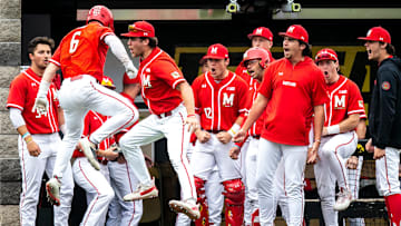 Maryland's Matt Shaw (6) celebrates with teammates after scoring a grand slam during a NCAA Big Ten Conference baseball game against Iowa, Friday, March 31, 2023, at Duane Banks Field in Iowa City, Iowa.

230331 Maryland Iowa B 043 Jpg