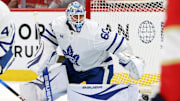 May 11, 2025; Sunrise, Florida, USA; Toronto Maple Leafs goaltender Joseph Woll (60) looks on against the Florida Panthers during the second period in game four of the second round of the 2025 Stanley Cup Playoffs at Amerant Bank Arena. Mandatory Credit: Kim Klement Neitzel-Imagn Images