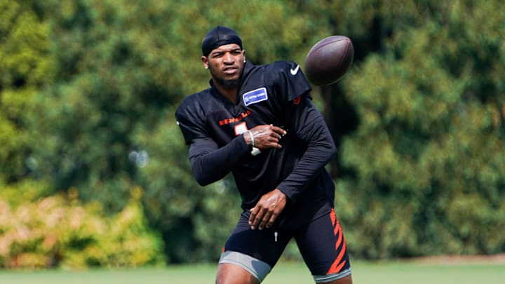 Cincinnati Bengals wide receiver Ja'Marr Chase (1) participates in drills during practice, Thursday, Sept. 5, 2024, at the Kettering Health Practice Fields outside of Paycor Stadium in Cincinnati.