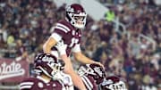 Mississippi State Bulldogs quarterback Luke Kromenhoek (17) celebrates after a touchdown against the Alcorn State Braves during the second half at Davis Wade Stadium at Scott Field.