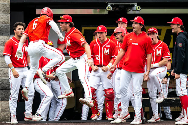 Maryland's Matt Shaw (6) celebrates with teammates after scoring a grand slam during a NCAA Big Ten Conference baseball game
