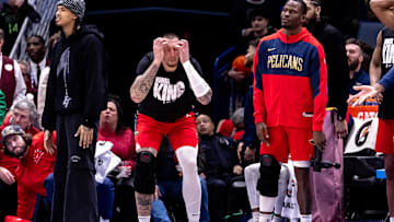 Jan 20, 2025; New Orleans, Louisiana, USA;  New Orleans Pelicans center Daniel Theis (10) reacts to a play against the Utah Jazz during the second half at Smoothie King Center. Mandatory Credit: Stephen Lew-Imagn Images