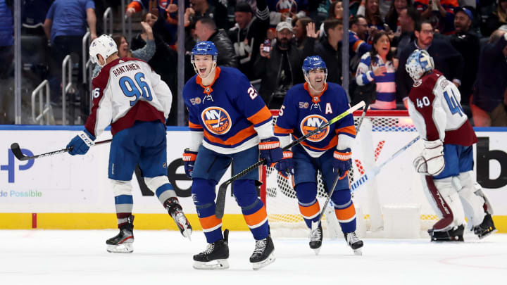 Oct 29, 2022; Elmont, New York, USA; New York Islanders defenseman Scott Mayfield (24) celebrates