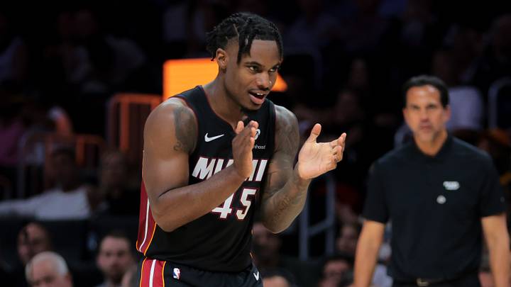 Miami Heat guard Davion Mitchell (45) reacts (Mandatory Credit: Sam Navarro-Imagn Images)