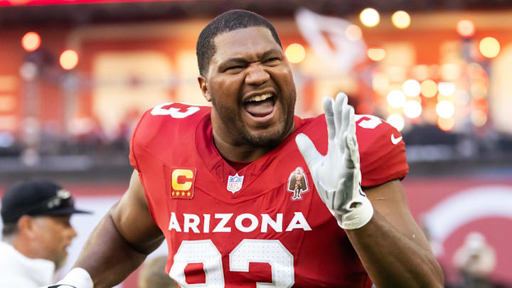Dec 7, 2025; Glendale, Arizona, USA; Arizona Cardinals defensive end Calais Campbell (93) against the Los Angeles Rams at State Farm Stadium. 