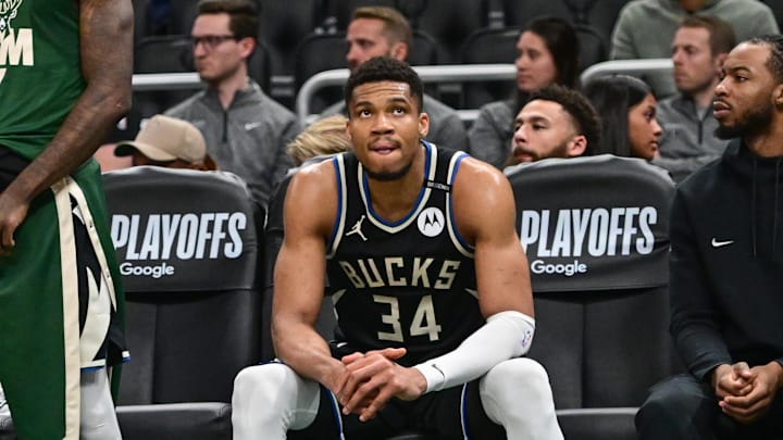 Apr 27, 2025; Milwaukee, Wisconsin, USA; Milwaukee Bucks forward Giannis Antetokounmpo (34) looks on in the final seconds of the game against the Indiana Pacers during game four of first round for the 2024 NBA Playoffs at Fiserv Forum. Mandatory Credit: Benny Sieu-Imagn Images Apr 27, 2025; Milwaukee, Wisconsin, USA; Milwaukee Bucks forward Giannis Antetokounmpo (34) looks on in the final seconds of the game against the Indiana Pacers during game four of first round for the 2024 NBA Playoffs at Fiserv Forum. Mandatory Credit: Benny Sieu-Imagn Images