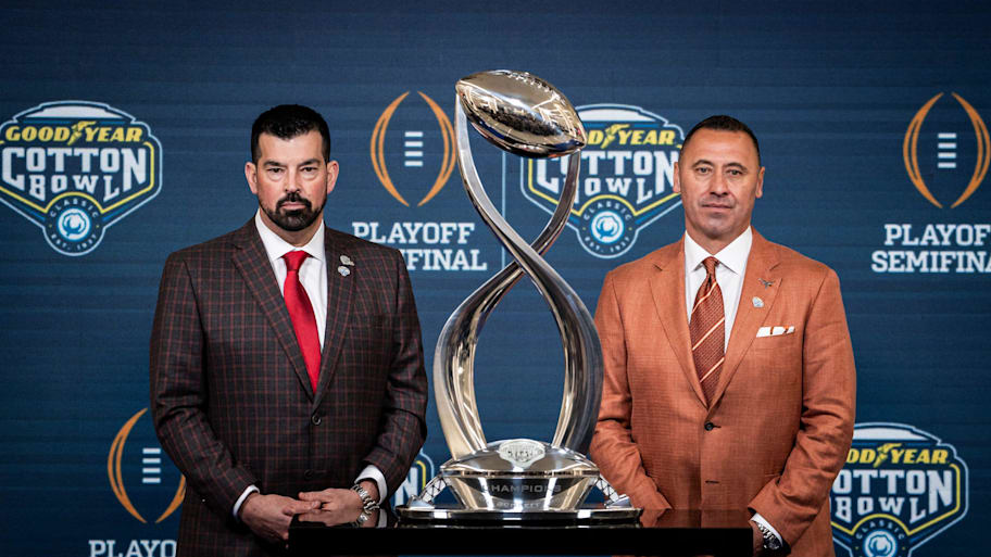 Ohio State Buckeyes head coach Ryan Day and Texas Longhorns head coach Steve Sarkisian before the Cotton Bowl. | Sara Diggins/American-Statesman / USA TODAY NETWORK via Imagn Images