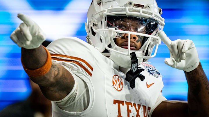 Texas Longhorns wide receiver Matthew Golden celebrates a big play against the Arizona State Sun Devils in the Peach Bowl.