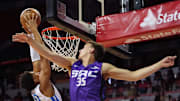 Jul 13, 2022; Las Vegas, NV, USA; Oklahoma City Thunder guard Aaron Wiggins (21) dunks as Sacramento Kings guard Alex O'Connell (35) defends during an NBA Summer League game at Thomas & Mack Center. Mandatory Credit: Stephen R. Sylvanie-Imagn Images