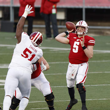 Dec 5, 2020; Madison, Wisconsin, USA;  Wisconsin Badgers quarterback Graham Mertz (5) throws a pass during the second quarter against the Indiana Hoosiers at Camp Randall Stadium.