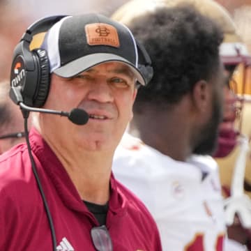 Sep 14, 2024; Columbia, Missouri, USA; Boston College Eagles head coach Bill O'Brien watches the replay board against the Missouri Tigers during the first half at Faurot Field at Memorial Stadium. Mandatory Credit: Denny Medley-Imagn Images