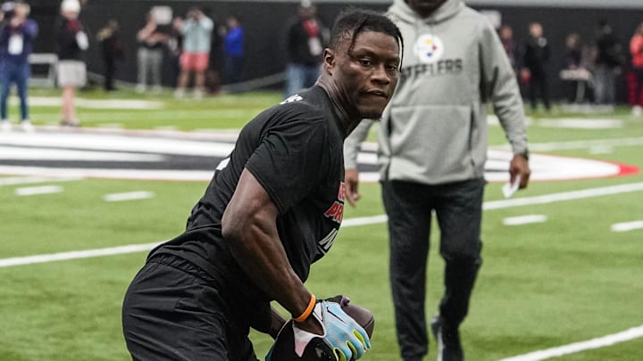 Mar 16, 2022; Atlanta, GA, USA; Georgia Bulldogs wide receiver George Pickens in action during Georgia Pro Day at William Porter Payne and Porter Otis Payne Indoor Athletic Facility. Mandatory Credit: Dale Zanine-Imagn Images