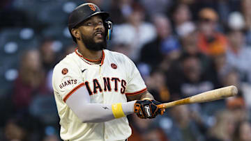 Sep 11, 2024; San Francisco, California, USA; San Francisco Giants designated hitter Jerar Encarnacion (59) hits a two-run home run against the Milwaukee Brewers during the first inning at Oracle Park