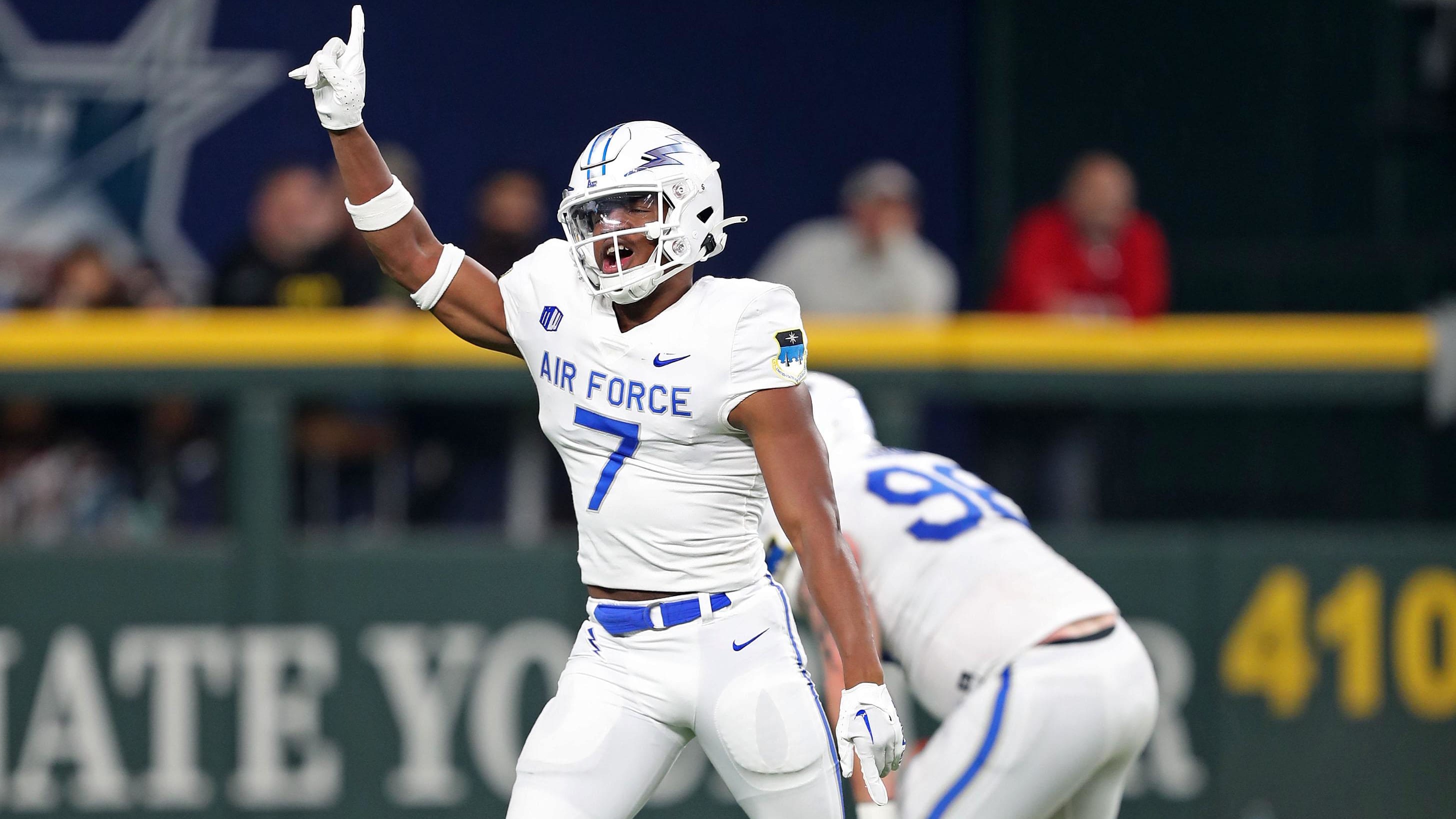 Air Force Falcons safety Trey Taylor (7) celebrates a sack.