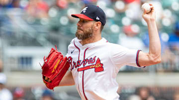 Sep 8, 2024; Cumberland, Georgia, USA; tlanta Braves pitcher Chris Sale (51) pitches the ball against Toronto Blue Jays during second inning at Truist Park. Mandatory Credit: Jordan Godfree-Imagn Images