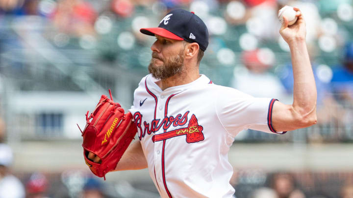 Sep 8, 2024; Cumberland, Georgia, USA; tlanta Braves pitcher Chris Sale (51) pitches the ball against Toronto Blue Jays during second inning at Truist Park. Mandatory Credit: Jordan Godfree-Imagn Images