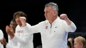Mar 12, 2025; Charlotte, NC, USA; Stanford Cardinal head coach Kyle Smith reacts in the first half at Spectrum Center. Mandatory Credit: Bob Donnan-Imagn Images