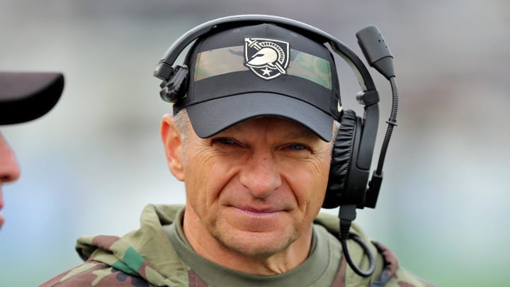 Nov 11, 2023; West Point, New York, USA; Army Black Knights head coach Jeff Monken speaks with officials during the second half against the Holy Cross Crusaders at Michie Stadium. Mandatory Credit: Danny Wild-USA TODAY Sports