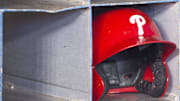 Aug 25, 2018; Toronto, Ontario, CAN; A Philadelphia Phillies batting helmet sits in the dugout during batting practice before a game against the Toronto Blue Jays at Rogers Centre. Mandatory Credit: Nick Turchiaro-Imagn Images