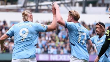 Erling Haaland (left) bagged two more goals on the weekend as Manchester City improved to 4-0-0 in the Premier League