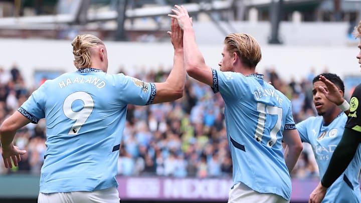 Erling Haaland (left) bagged two more goals on the weekend as Manchester City improved to 4-0-0 in the Premier League