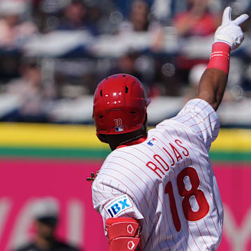 Feb 27, 2025; Clearwater, Florida, USA; Philadelphia Phillies outfielder Johan Rojas (18) waves to the fans after hitting a two run home run against the New York Yankees during the second inning at BayCare Ballpark. 