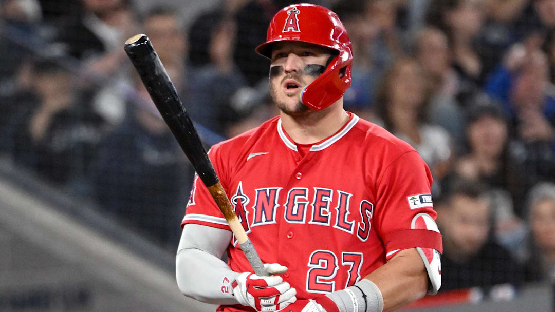 May 8, 2026; Toronto, Ontario, CAN;  Los Angeles Angels center fielder Mike Trout (27) reacts after being called out on strikes against the Toronto Blue Jays in the eighth inning at Rogers Centre. 