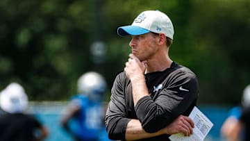 Detroit Lions offensive coordinator Ben Johnson watches practice during mini camp at Detroit Lions headquarters and practice facility in Allen Park on Tuesday, June 4, 2024.
