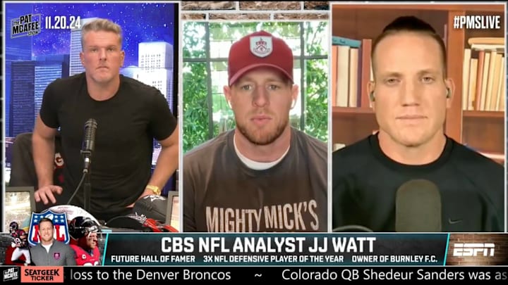J.J. Watt chats with Pat McAfee and A.J. Hawk on the Pat McAffee Show. J.J. Watt chats with Pat McAfee and A.J. Hawk on the Pat McAffee Show.