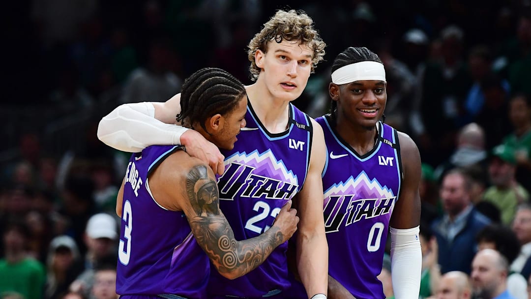 Nov 3, 2025; Boston, Massachusetts, USA; Utah Jazz guard Keyonte George (3), forward Lauri Markkanen (23), and forward Taylor Hendricks (0) react during the second half against the Boston Celtics at TD Garden. Mandatory Credit: Bob DeChiara-Imagn Images Nov 3, 2025; Boston, Massachusetts, USA; Utah Jazz guard Keyonte George (3), forward Lauri Markkanen (23), and forward Taylor Hendricks (0) react during the second half against the Boston Celtics at TD Garden. Mandatory Credit: Bob DeChiara-Imagn Images