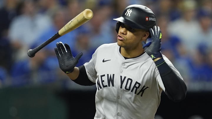 New York Yankees outfielder Juan Soto reacts after hitting a pop-fly during the fifth inning against the Kansas City Royals. New York Yankees outfielder Juan Soto reacts after hitting a pop-fly during the fifth inning against the Kansas City Royals.
