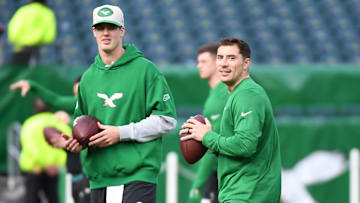 Dec 29, 2024; Philadelphia, Pennsylvania, USA; Philadelphia Eagles quarterback Tanner McKee (16) and quarterback Ian Book (13) during warmups against the Dallas Cowboys at Lincoln Financial Field. Mandatory Credit: Eric Hartline-Imagn Images