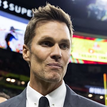 Feb 9, 2025; New Orleans, LA, USA; Fox Sports announcer Tom Brady on the field before Super Bowl LIX between the Philadelphia Eagles and the Kansas City Chiefs at Ceasars Superdome. Mandatory Credit: Mark J. Rebilas-Imagn Images