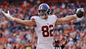 Oct 19, 2025; Denver, Colorado, USA; New York Giants tight end Daniel Bellinger (82) celebrates after scoring a touchdown during the first half against the Denver Broncos.