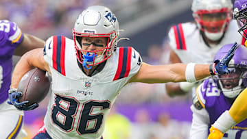 Aug 16, 2025; Minneapolis, Minnesota, USA; New England Patriots wide receiver Efton Chism III (86) runs after the catch against the Minnesota Vikings in the second quarter at U.S. Bank Stadium. Mandatory Credit: Brad Rempel-Imagn Images