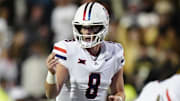 Nov 1, 2025; Boulder, Colorado, USA; Arizona Wildcats quarterback Braedyn Locke (8) during the second half against the Colorado Buffaloes at Folsom Field. Mandatory Credit: Ron Chenoy-Imagn Images