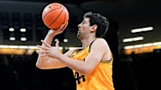 Iowa forward Joey Matteoni (44) shoots the basketball against the Maryland Terrapins Dec. 6, 2025 at Carver-Hawkeye Arena in Iowa City, Iowa.