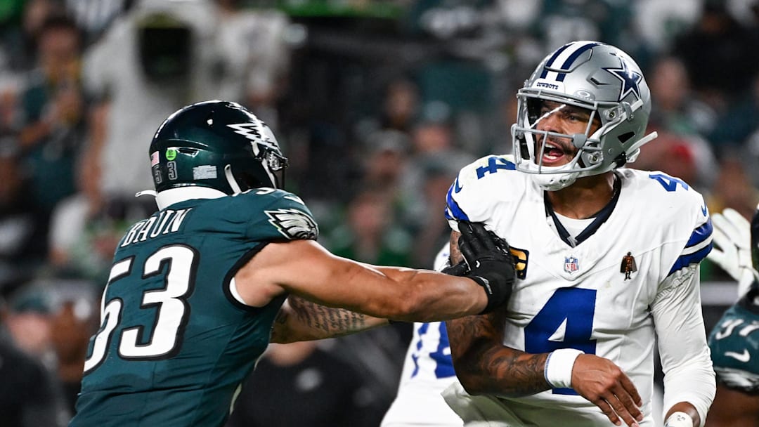 Sep 4, 2025; Philadelphia, Pennsylvania, USA; Philadelphia Eagles linebacker Zack Baun (53) hits Dallas Cowboys quarterback Dak Prescott (4) after a pass during the fourth quarter of the game at Lincoln Financial Field. Mandatory Credit: Eric Hartline-Imagn Images Sep 4, 2025; Philadelphia, Pennsylvania, USA; Philadelphia Eagles linebacker Zack Baun (53) hits Dallas Cowboys quarterback Dak Prescott (4) after a pass during the fourth quarter of the game at Lincoln Financial Field. Mandatory Credit: Eric Hartline-Imagn Images