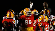 Clarke Central's Jaylon Stone (99) celebrates after recovering a fumble during a GHSA high school football game between Jackson and Clarke Central in Athens, Ga., on Friday, Nov. 12, 2021.