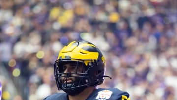 Dec 31, 2022; Glendale, Arizona, USA; Michigan Wolverines offensive lineman Giovanni El-Hadi (58) against the TCU Horned Frogs in the 2022 Fiesta Bowl at State Farm Stadium. Mandatory Credit: Mark J. Rebilas-USA TODAY Sports