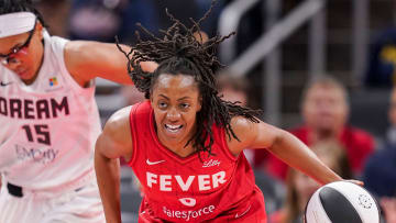 Indiana Fever guard Kelsey Mitchell (0) rushes up the court Thursday, June 13, 2024, during the game at Gainbridge Fieldhouse in Indianapolis. The Indiana Fever defeated the Atlanta Dream, 91-84.