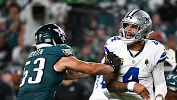 Sep 4, 2025; Philadelphia, Pennsylvania, USA; Philadelphia Eagles linebacker Zack Baun (53) hits Dallas Cowboys quarterback Dak Prescott (4) after a pass during the fourth quarter of the game at Lincoln Financial Field. Mandatory Credit: Eric Hartline-Imagn Images