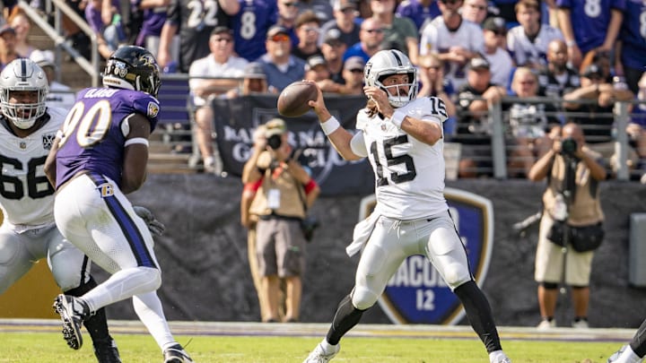 Sep 15, 2024; Baltimore, Maryland, USA;  Las Vegas Raiders quarterback Gardner Minshew (15) throws during the second half against the Baltimore Ravens at M&T Bank Stadium. Mandatory Credit: Tommy Gilligan-Imagn Images