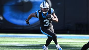 Jan 7, 2024; Charlotte, North Carolina, USA; Carolina Panthers running back Raheem Blackshear (3) with the ball in the first quarter at Bank of America Stadium. Mandatory Credit: Bob Donnan-USA TODAY Sports