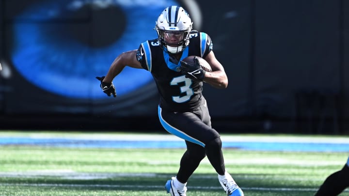 Jan 7, 2024; Charlotte, North Carolina, USA; Carolina Panthers running back Raheem Blackshear (3) with the ball in the first quarter at Bank of America Stadium. Mandatory Credit: Bob Donnan-USA TODAY Sports