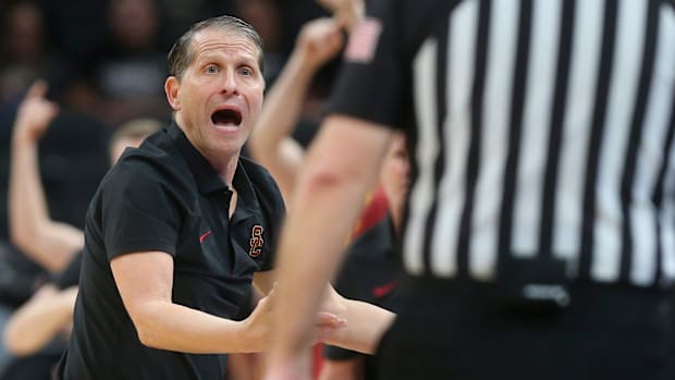 USC Trojans head coach Eric Musselman talks to an official Thursday, March 13, 2025, during the Big Ten Tournament