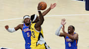 Jun 19, 2025; Indianapolis, Indiana, USA; Indiana Pacers forward Pascal Siakam (43) shoots the ball defended by Oklahoma City Thunder guard Luguentz Dort (5) and Oklahoma City Thunder forward Jalen Williams (8) in the second quarter during game six of the 2025 NBA Finals at Gainbridge Fieldhouse. Mandatory Credit: Trevor Ruszkowski-Imagn Images