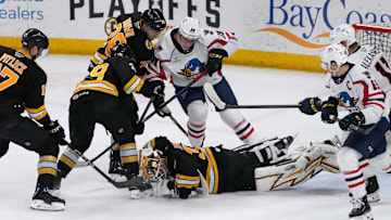 The Providence Bruins face off against the Springfield Thunderbirds in game 1, round 1 of playoff action at the AMP on April 23, 2025